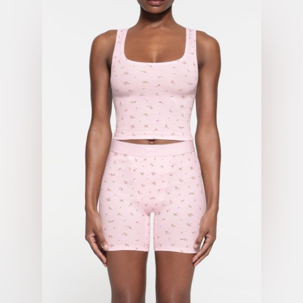 SKIMS Pink Floral Ribbed Tank and Briefs Sleep Set